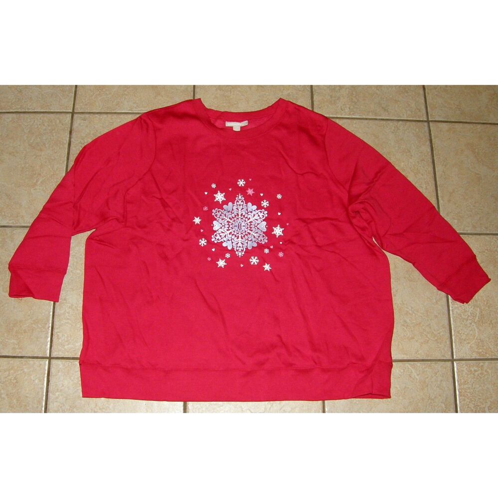 WOMAN WITHIN Red Plus Sz 30/32 Snowflake & Heart Print Crew Neck Sweatshirt NEW